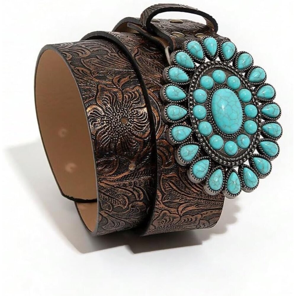 Women's Faux Leather Western Belt Turquoise Buckle Casual Dress Accessory - Picture 5 of 5